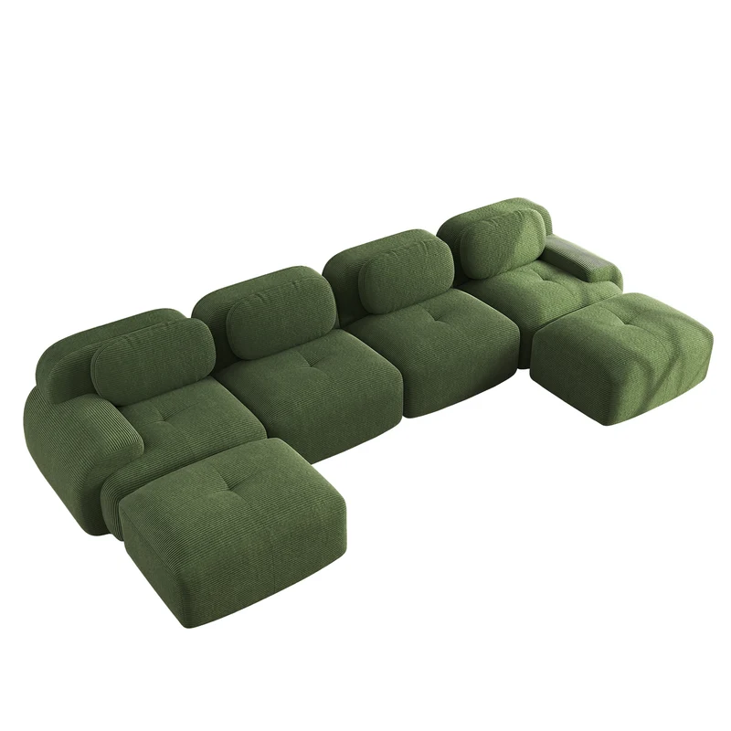 Ensemble de canapés avec accoudoirs incurvés et base antidérapante en tissu velours côtelé doux pour le salon, vert, siège 4+tabouret 2