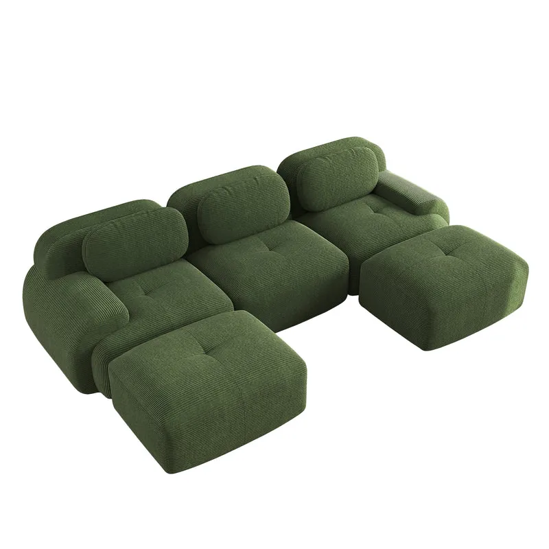 Ensemble de canapés avec accoudoirs incurvés et base antidérapante en tissu velours côtelé doux pour le salon, vert, siège 3 + tabouret 2