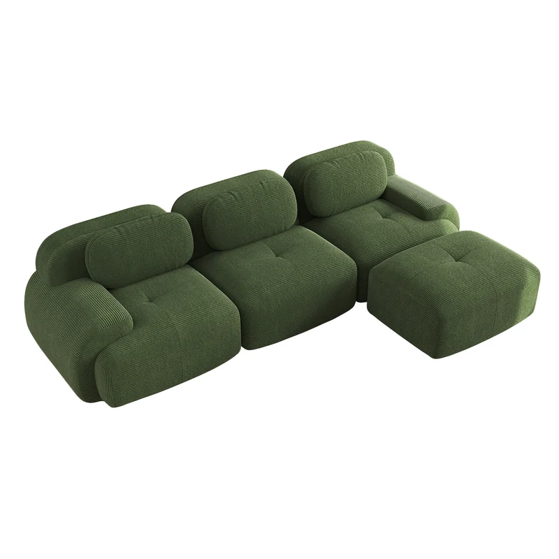 Ensemble de canapés avec accoudoirs incurvés et base antidérapante en tissu velours côtelé doux pour le salon, vert, siège 3 + tabouret 1