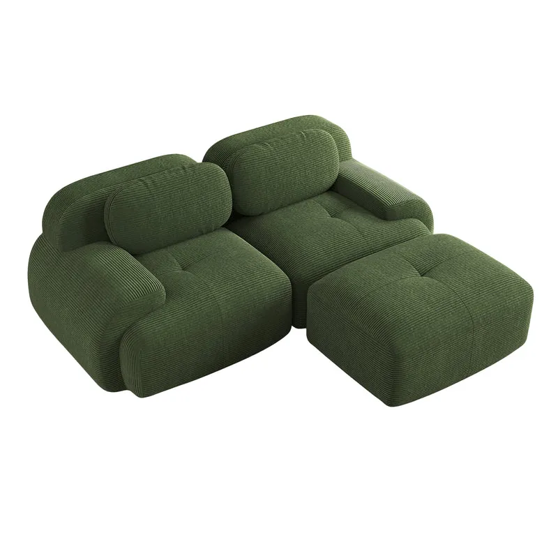 Ensemble de canapés avec accoudoirs incurvés et base antidérapante en tissu velours côtelé doux pour le salon, vert, siège 2 + tabouret 1