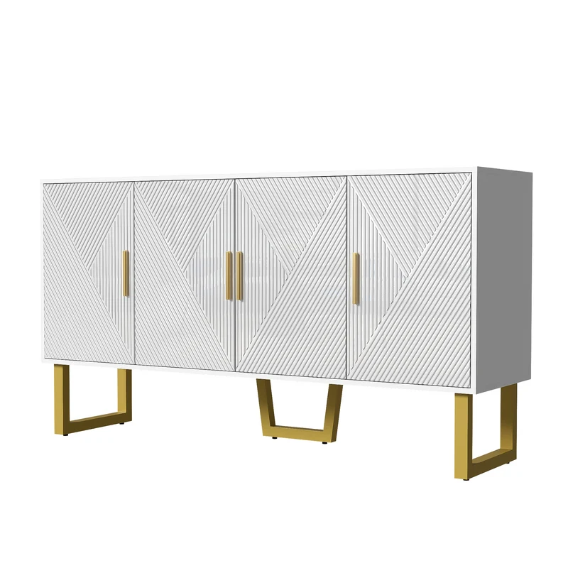 Sideboard Blanc Moderne Luxueux 150cm Meuble à 4 Portes Structurées Hautes Lumières avec Griffes et Pieds Dorés
