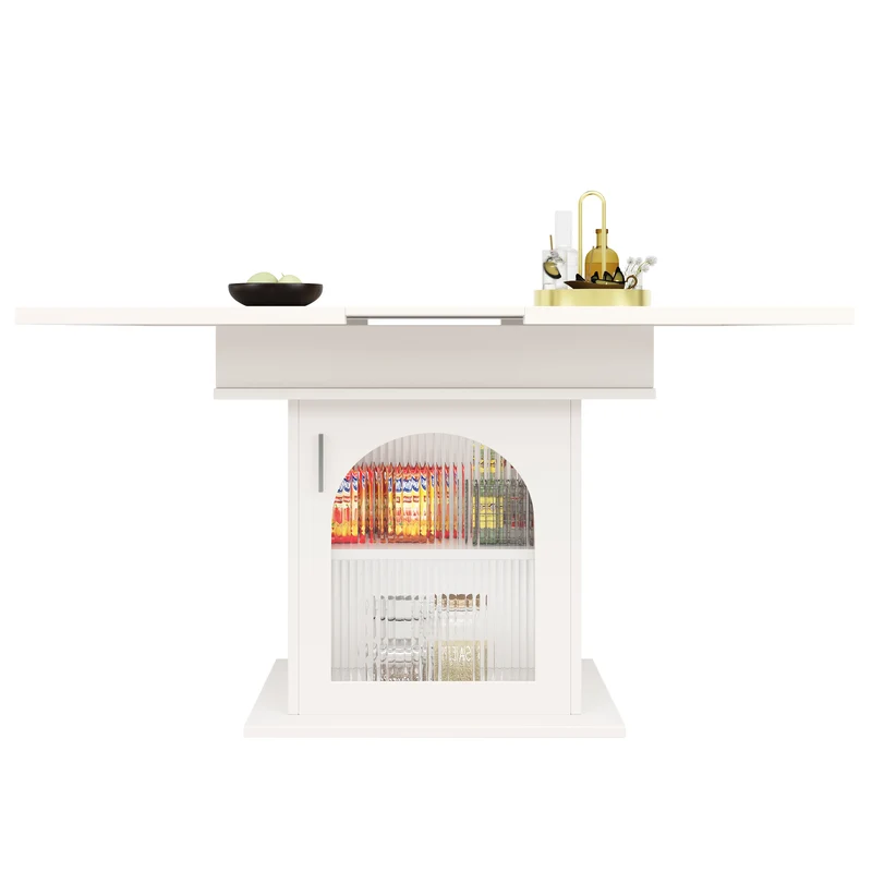Table à manger télescopique extensible 140×80cm 3 niveaux de rangement portes en verre irisé blanche pour cuisine et salon