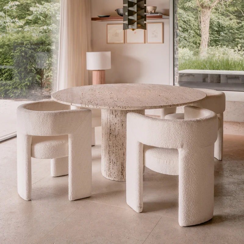 Nana - Table à Manger Ronde - Travertin - Blanc