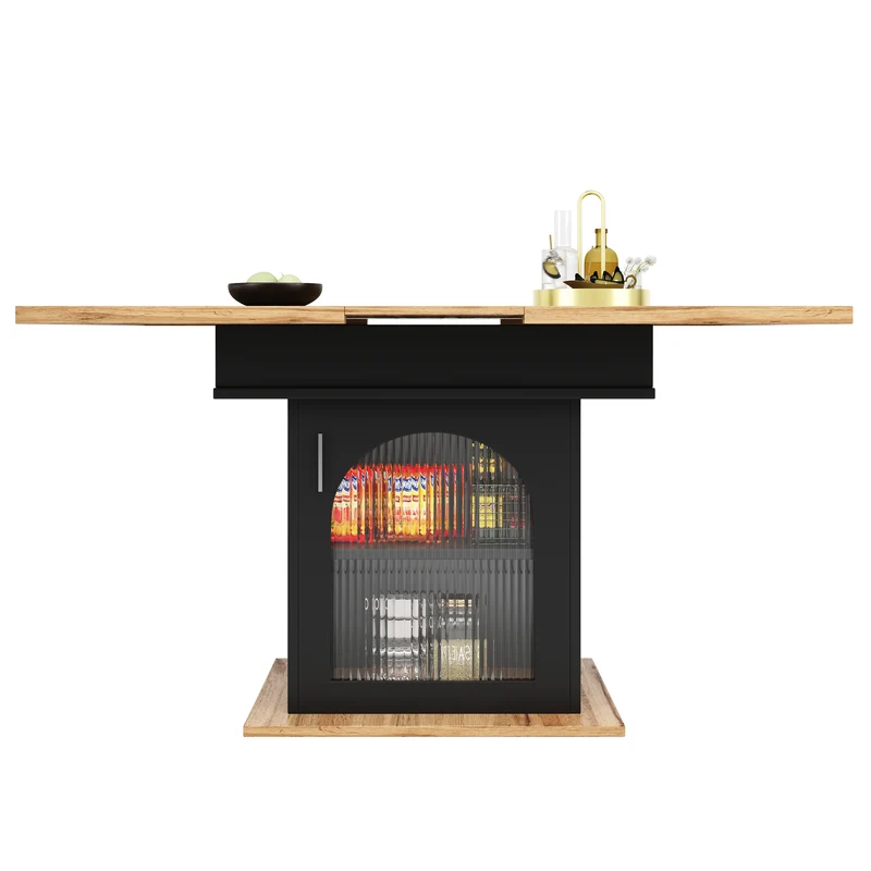 Table à manger télescopique extensible 140×80cm 3 niveaux de rangement bois naturel + noir pour cuisine et salon