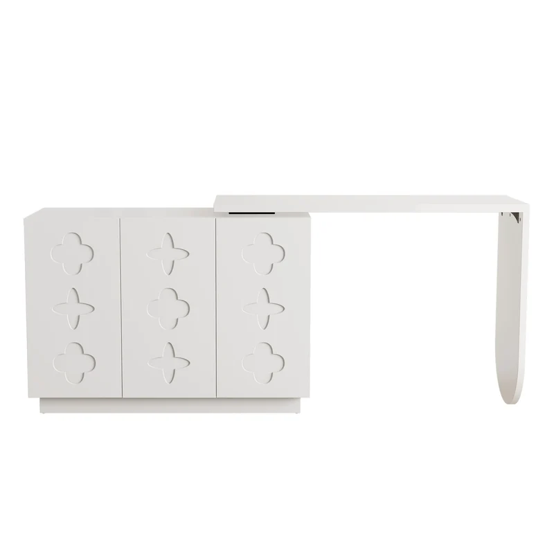 Bureau d'angle pivotant en L blanc de 110 cm, avec 3 placards de rangement, portes à fermeture douce et étagères réglables, idéal pour un bureau ou un studio de beauté