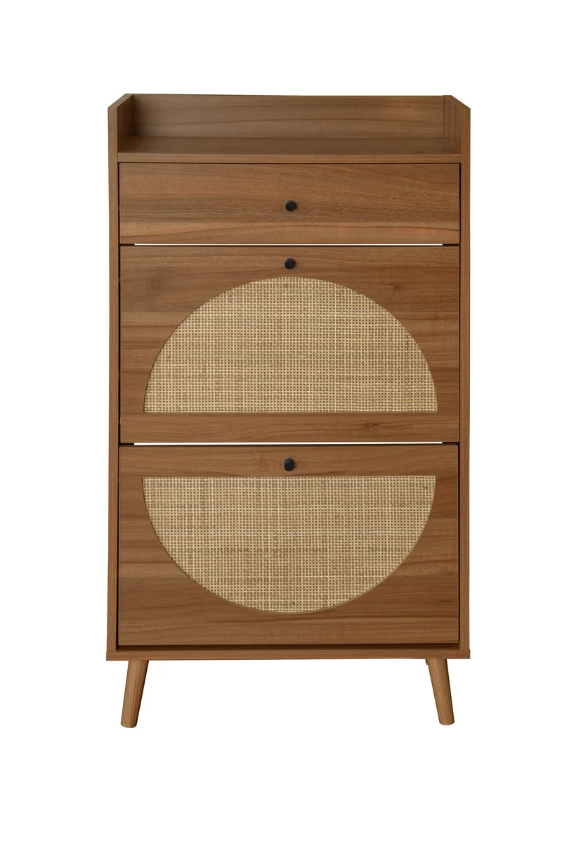 Meuble à chaussures en noyer 60x24x110 cm avec 2 portes en rotin, 1 tiroir et étagères réglables