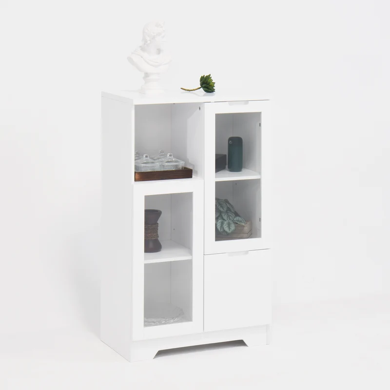 Buffet en MDF laqué blanc 65x30x100 cm avec portes vitrées, tiroir et espaces de rangement ouverts, idéal pour salon, chambre ou entrée