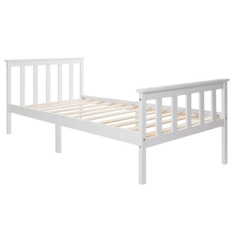 Lit simple 90x200 cm blanc en bois massif de pin avec sommier à lattes et tête de lit (sans matelas)