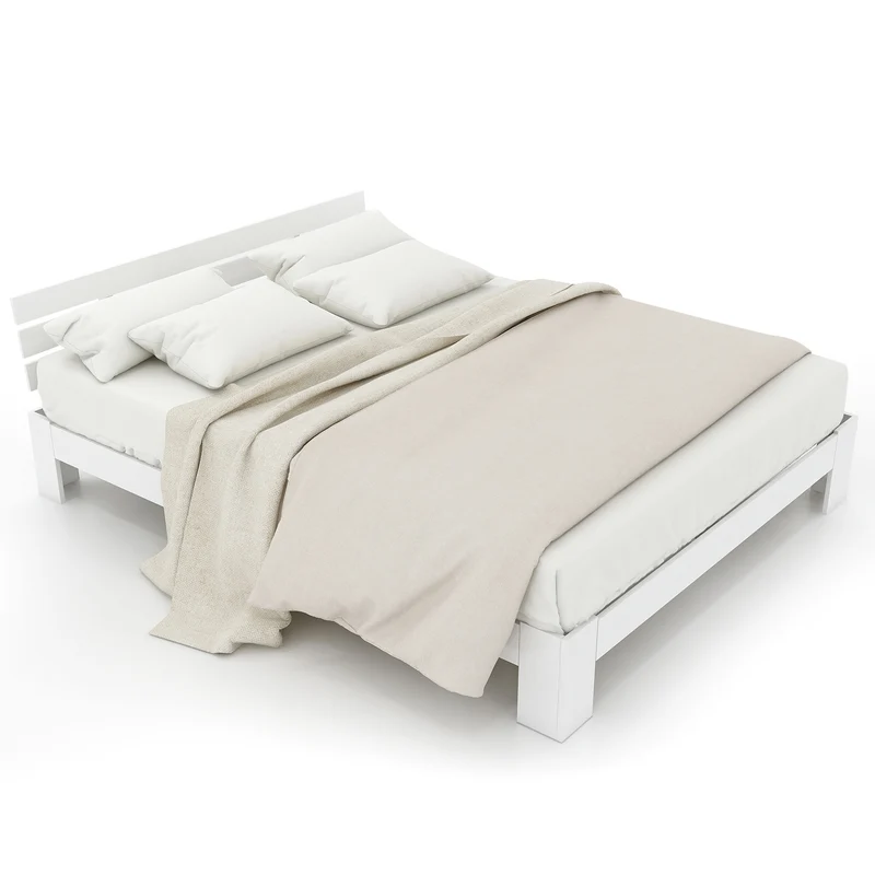 Lit double 140x200 cm en bois massif de pin blanc avec sommier à lattes et tête de lit, design rustique et compact (sans matelas)