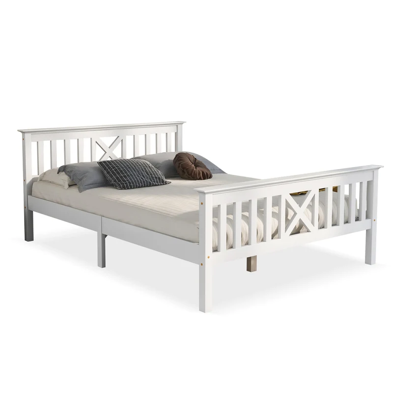 Lit double 140x200 cm blanc en bois massif de pin avec sommier à lattes et tête de lit (sans matelas)
