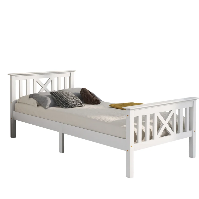 Lit simple 90x200 cm blanc en bois massif de pin avec sommier à lattes et tête de lit (sans matelas)