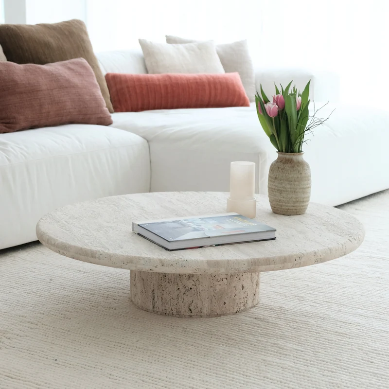 Table basse - Redon - Table basse ronde en travertin - 100 cm - Travertin clair