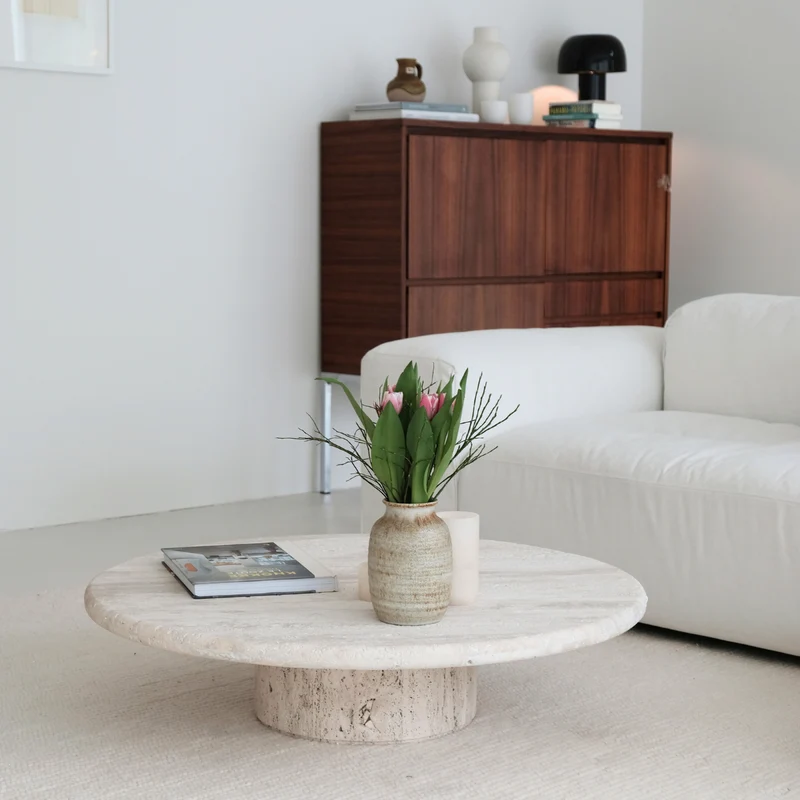 Table basse - Redon - Travertin - 80 cm - Travertin semi-rempli