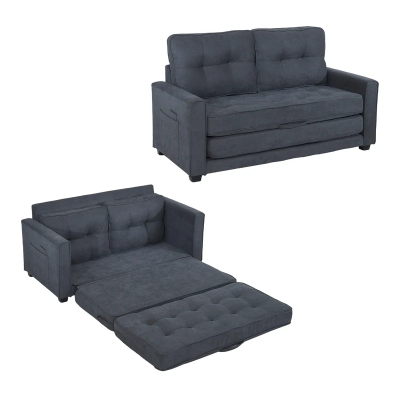 Canapé-lit 2 places en tissu gris foncé avec poches latérales, sofa convertible moderne