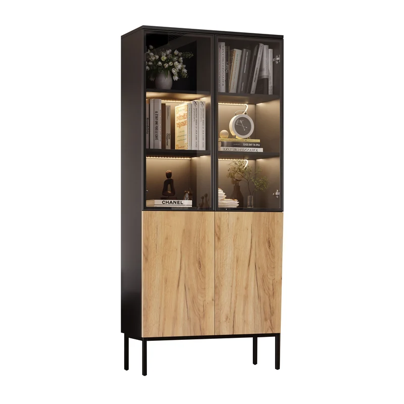 Vitrine LED 180 cm en verre trempé noir/chêne avec étagères réglables