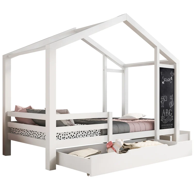 Lit cabane enfant 90×200 cm en bois massif blanc avec tableau, 2 tiroirs, sommier à lattes et barrières de sécurité (sans matelas)
