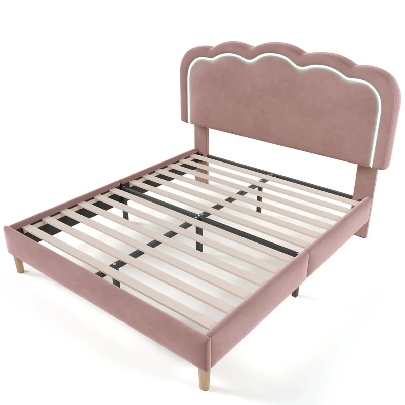 Lit double rembourré LED 140×200 cm en velours rose avec tête de lit réglable et sommier à lattes (sans matelas)