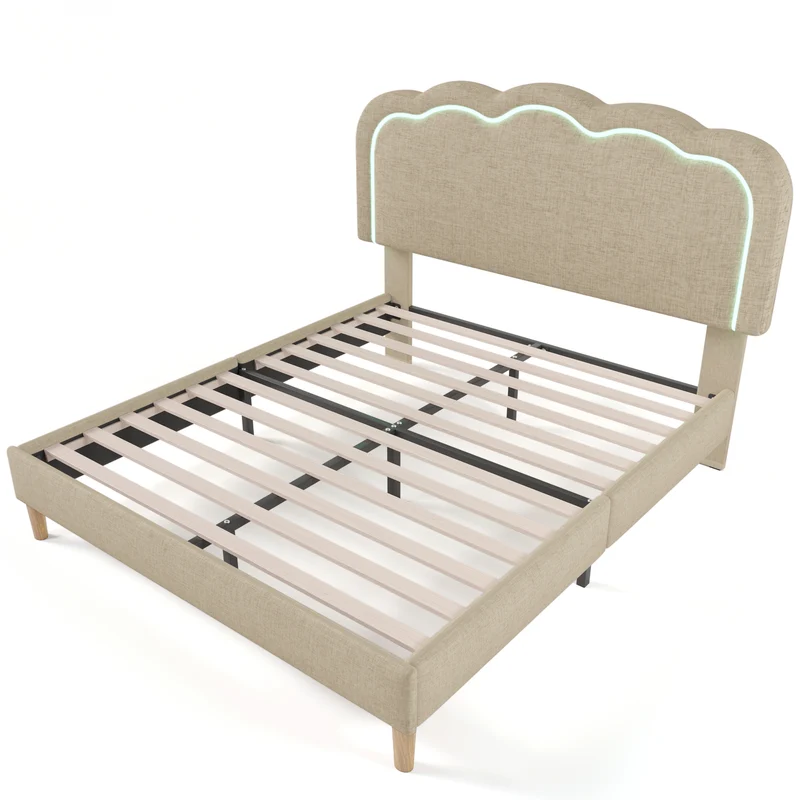 Lit double rembourré LED 140×200 cm en lin beige avec tête de lit réglable et sommier à lattes (sans matelas)