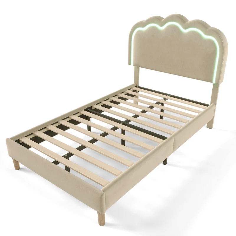 Lit enfant rembourré 90×200 cm avec LED, en lin beige avec tête de lit réglable et sommier à lattes (sans matelas)