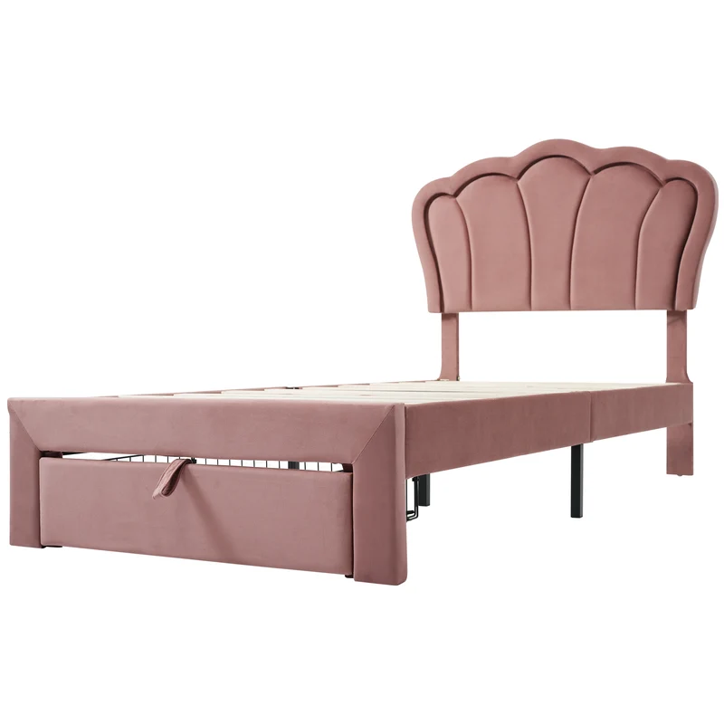 Lit enfant rembourré 90×190 cm avec LED et tiroir, velours rose (sans matelas)