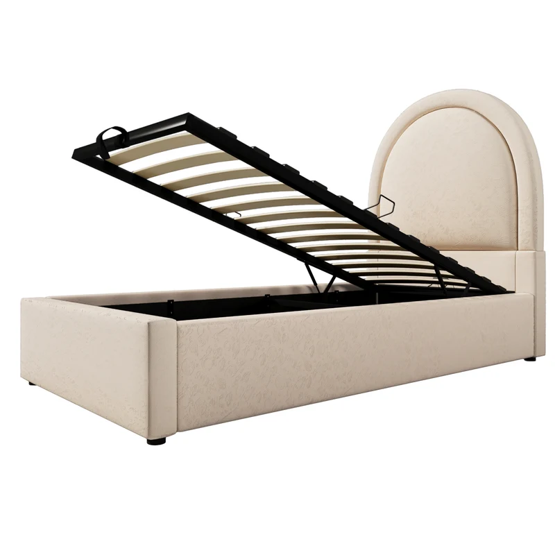 Lit enfant 90×200 cm rembourré (sans matelas) en PU beige avec tête de lit arquée