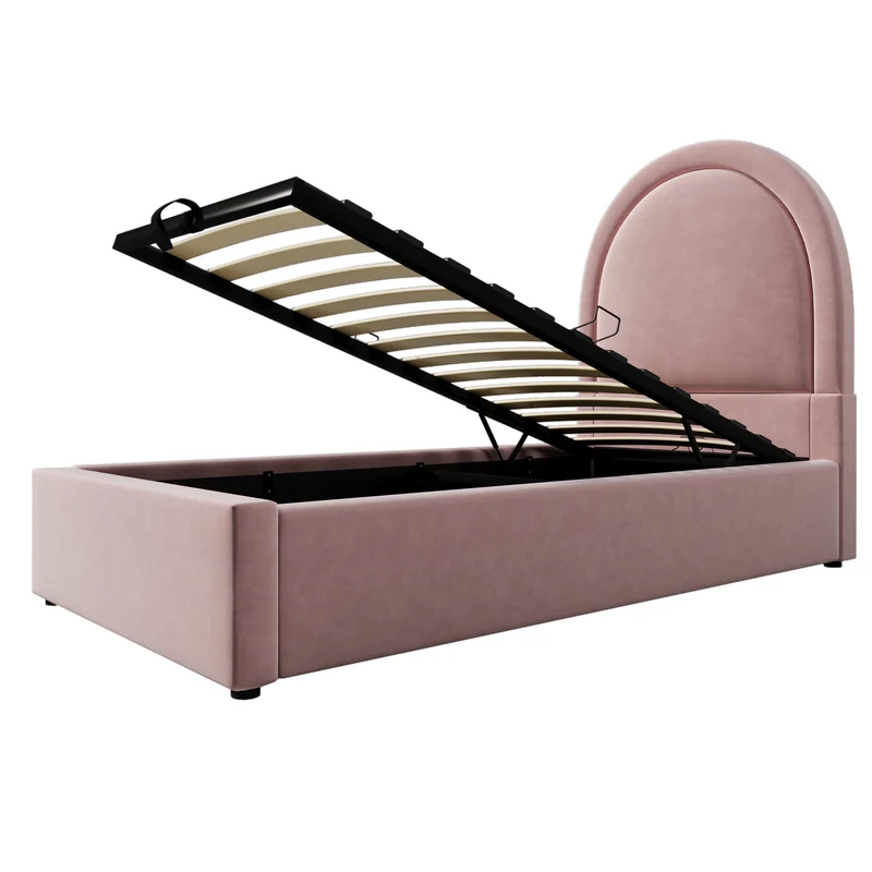 Lit enfant rembourré 90×200 cm (sans matelas) en velours rose avec tête de lit arquée