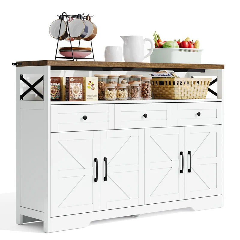 Buffet rustique blanc et brun avec 3 tiroirs et 2 portes