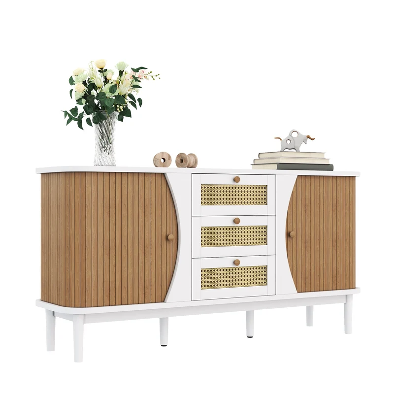 Buffet blanc moderne avec 3 tiroirs en rotin et portes coulissantes
