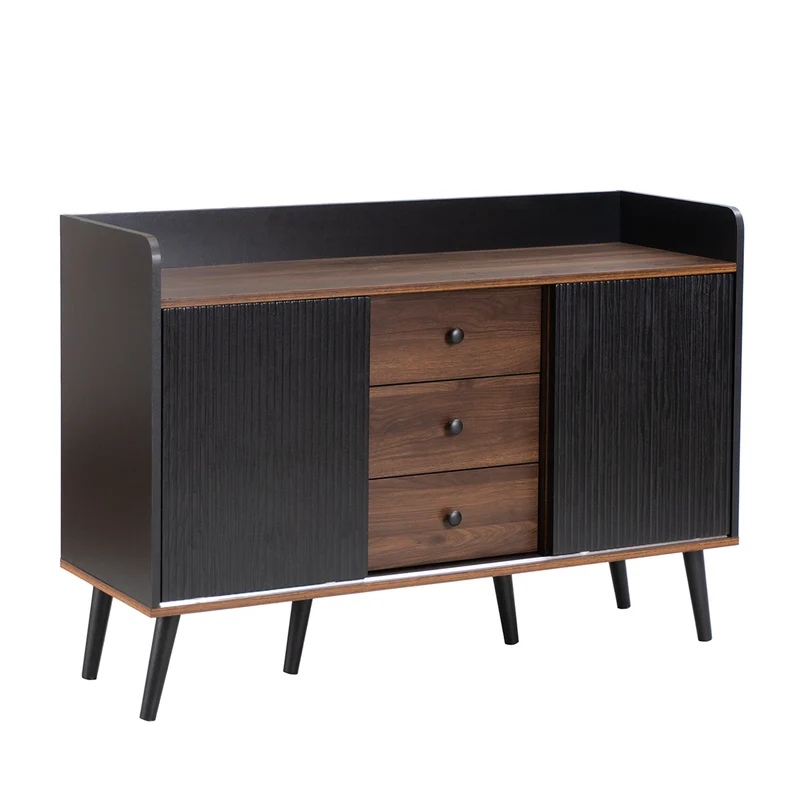 Buffet moderne noir et bois avec 3 tiroirs et portes coulissantes striées