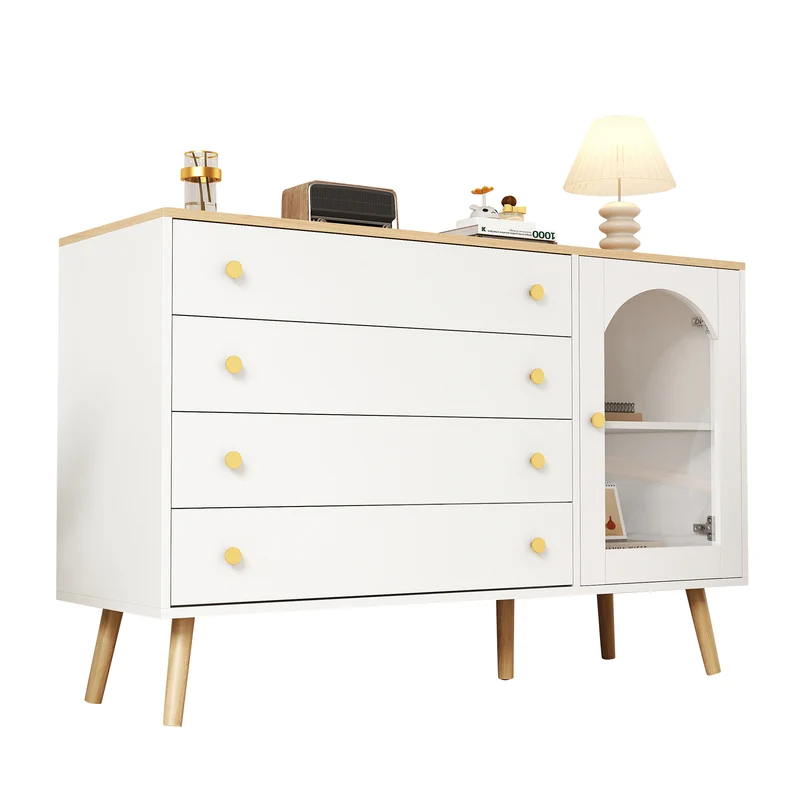 Commode blanche moderne avec 4 tiroirs spacieux et porte en verre trempé