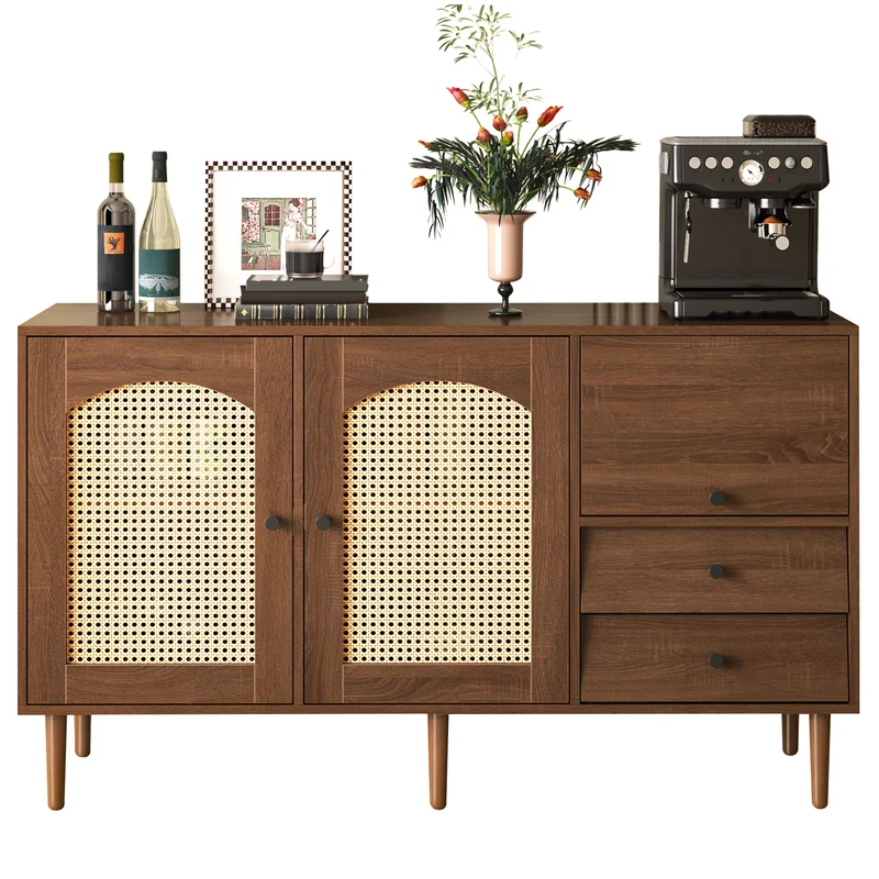 Buffet en bois style campagne avec portes en cannage, étagères réglables et tiroirs 130 × 75,5 × 40 cm