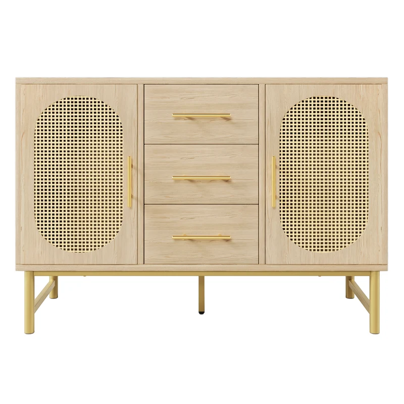 Buffet en cannage en chêne avec 3 tiroirs, 2 portes, étagères réglables et dispositif anti-basculement â€?120×40×74 cm