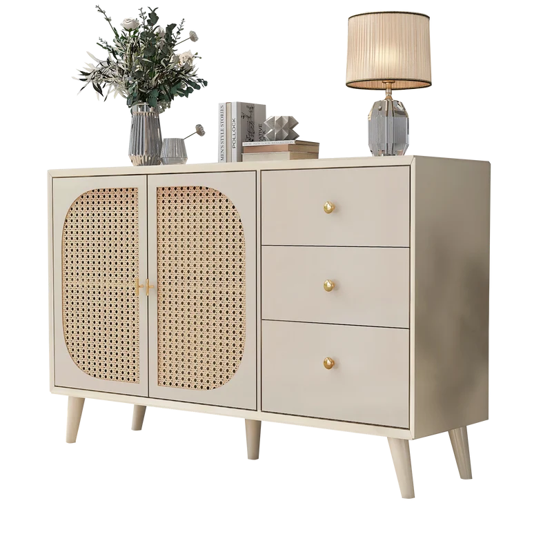 Buffet de salon et salle à manger en blanc cassé avec portes en rotin et 3 tiroirs, meuble de rangement moderne 120 cm de large