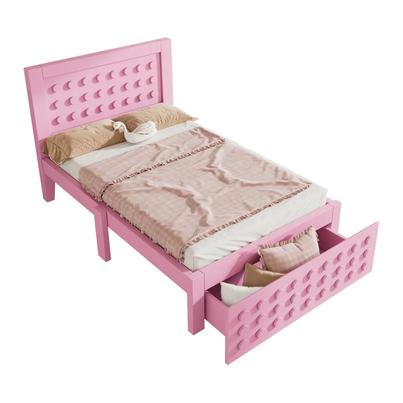 Lit enfant rose 90x190 cm avec tiroir de rangement et design créatif en blocs, cadre en bois massif