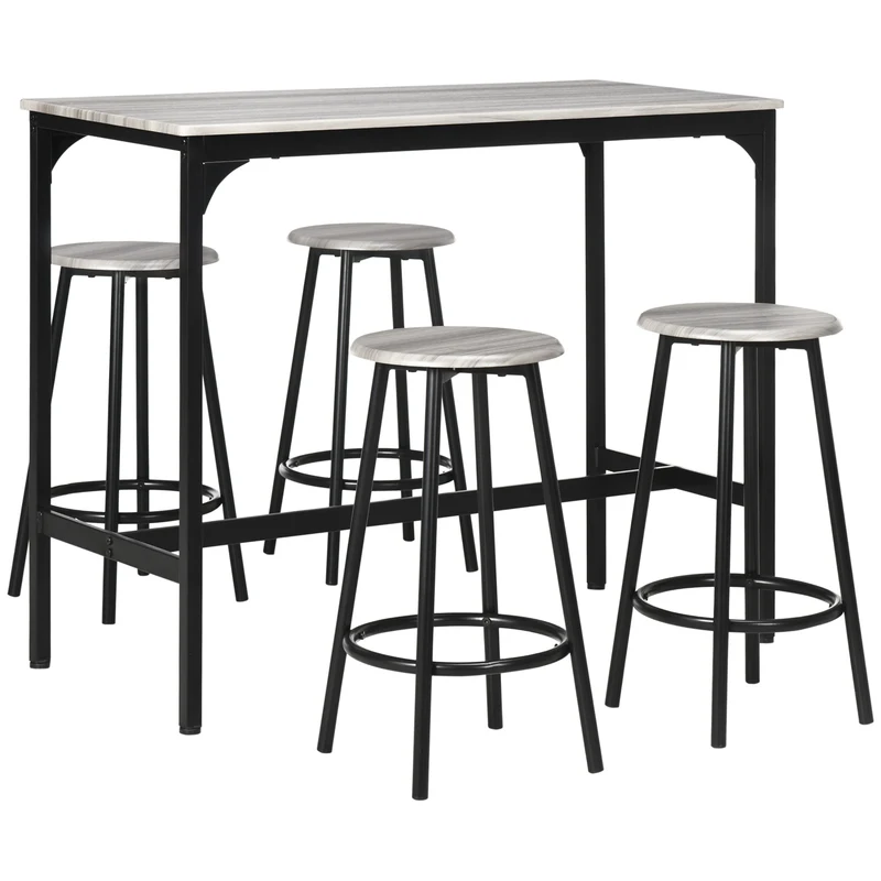 Ensemble de table haute avec quatre tabourets au design industriel gris en métal