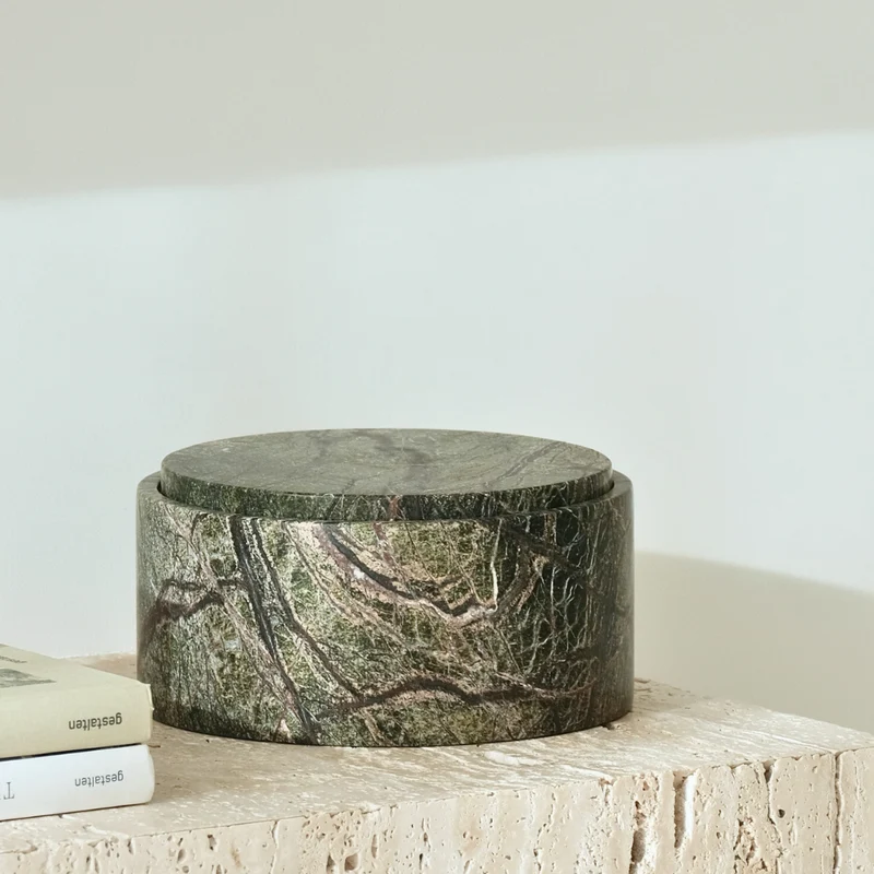 Bol de rangement en travertin avec couvercle - Marbre vert forêt - H12 cm