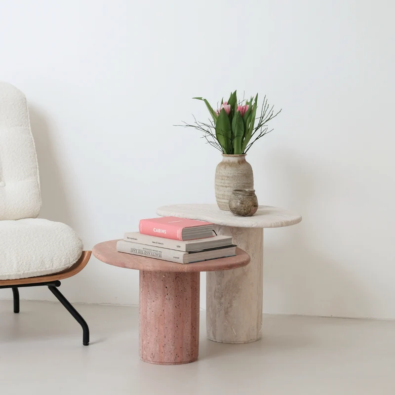Jonah - Table d'Appoint Bio - Travertin - Blanc - H45 cm