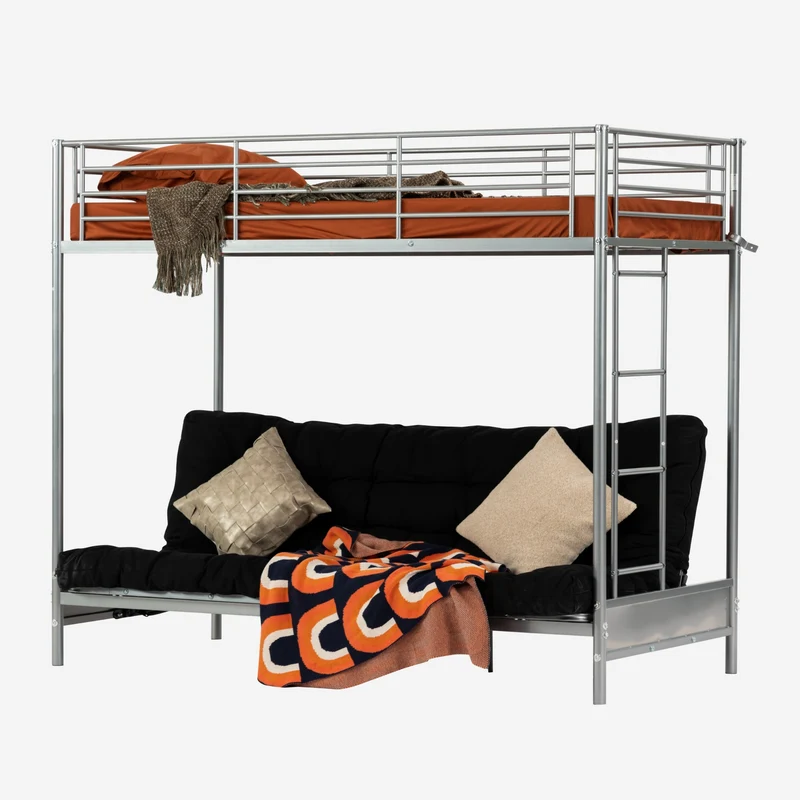 Ensemble lit superposé 90x190cm avec banquette convertible en métal argenté, et matelas futon pliable 2 places - LIBERTY N MICA