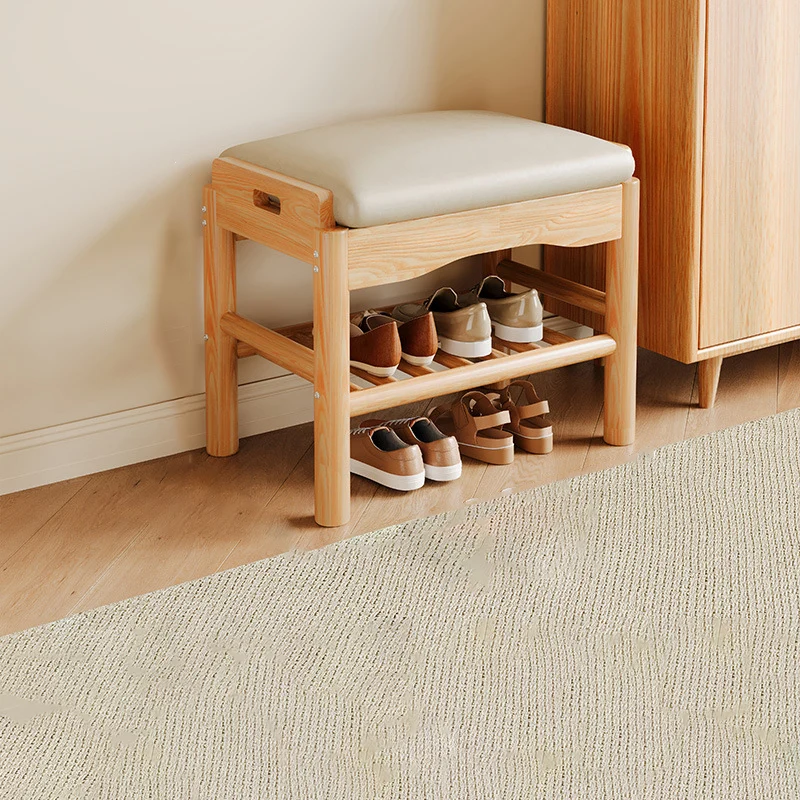 Modern Minimalist Rectangular Rubberwood Pine Wood PU Leather Sponge Footstool For Living Room