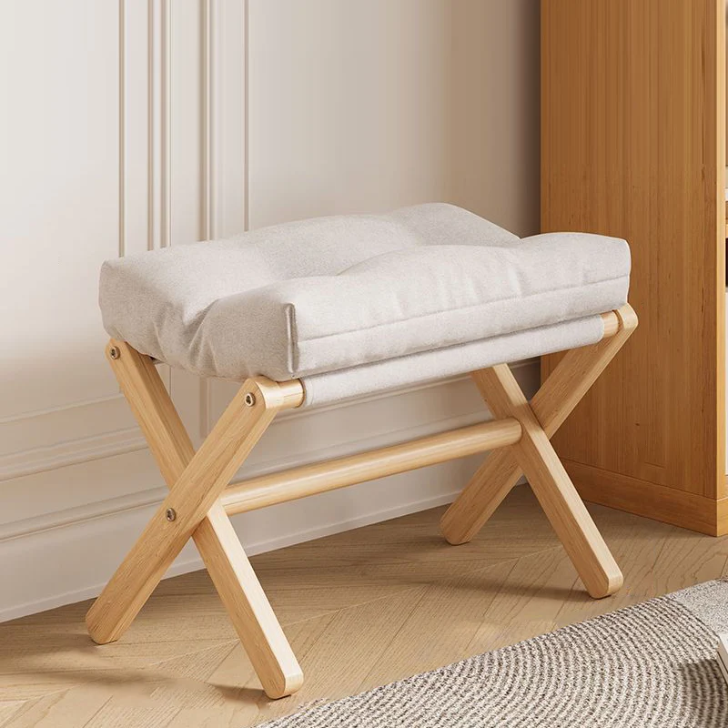 Modern Minimalist Cotton Linen Pine Foldable Rectangular Low Stool For Living Room