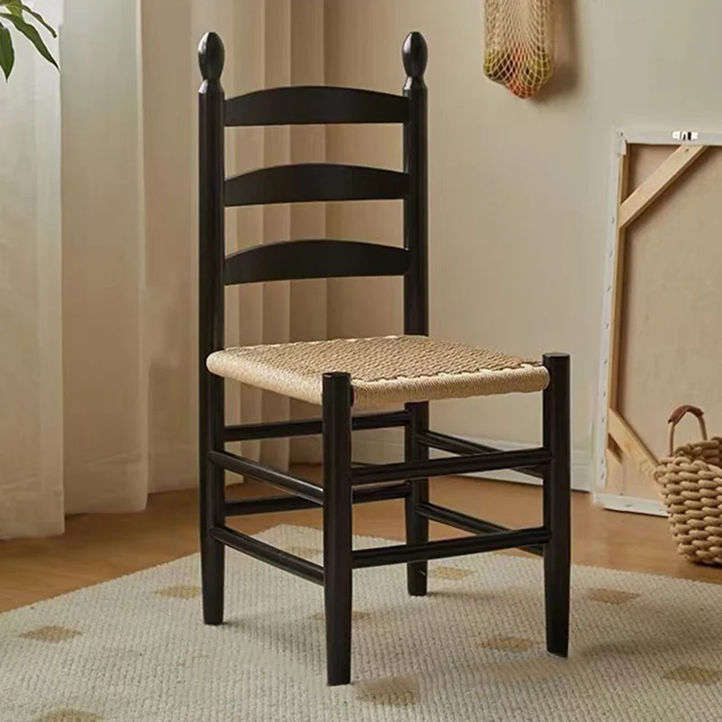 Traditional Japanese Rectangular Kraft Rope Rubberwood Dining Chair Backrest Armless For Dining Room & Kitchen