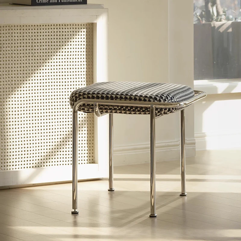 Contemporary Nordic Square Rectangular Velvet Cotton-linen Stainless Steel Solid Wood Plywood Low Stool For Living Room