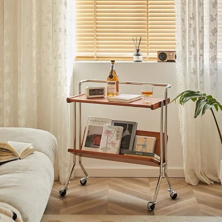 Traditional Vintage Rectangular Rubberwood Iron Movable End Table 2-Tier For Living Room