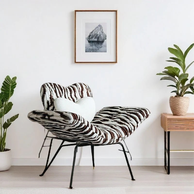 Modern Minimalist Curved Rabbit Velvet Sponge Carbon Steel Accent Chair Backrest Armrest For Living Room