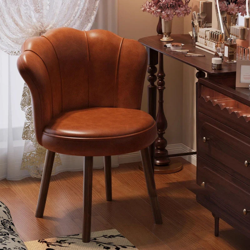 Traditional Vintage Petal-Shaped Faux Oil-Waxed Leather Solid Wood Vanity Stool Backrest Armless For Bedroom