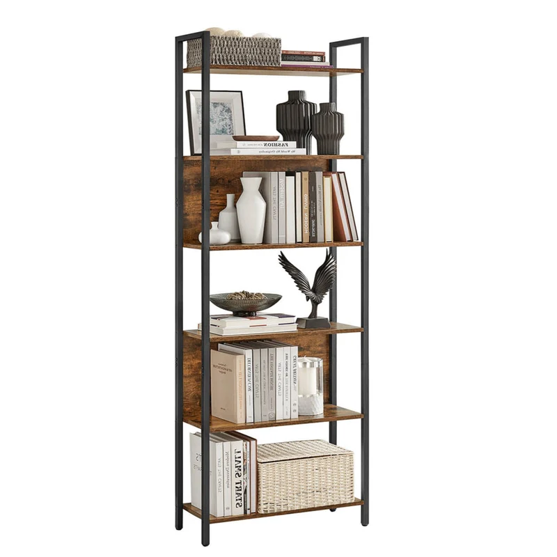 Bibliothèque étagère rangement 6 niveaux meuble de rangement cadre en acier pour salon couloir bureau style industriel marron rustique et noir 12_0004269