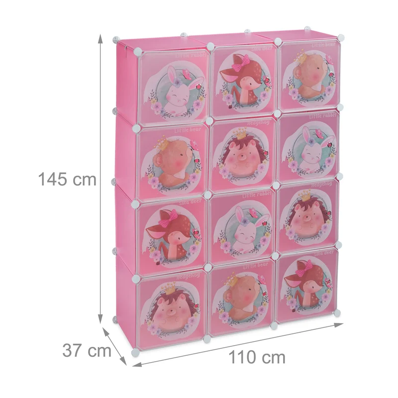 Armoire de rangement modulable chambre d'enfant 8 cubes 2 tringles fixations simples motifs animaux en plastique blanc 13_0011119
