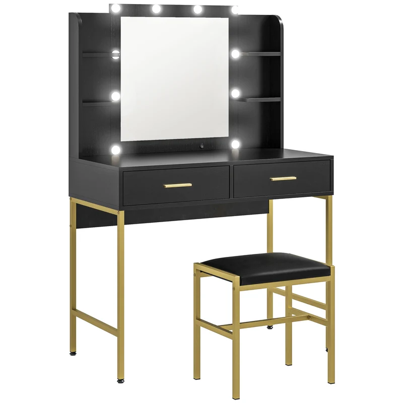 Coiffeuse avec tabouret 90 x 45 x 132,5 cm éclairage 10 ampoules rangement 2 tiroirs moderne design en mélamine noir 21_0001604