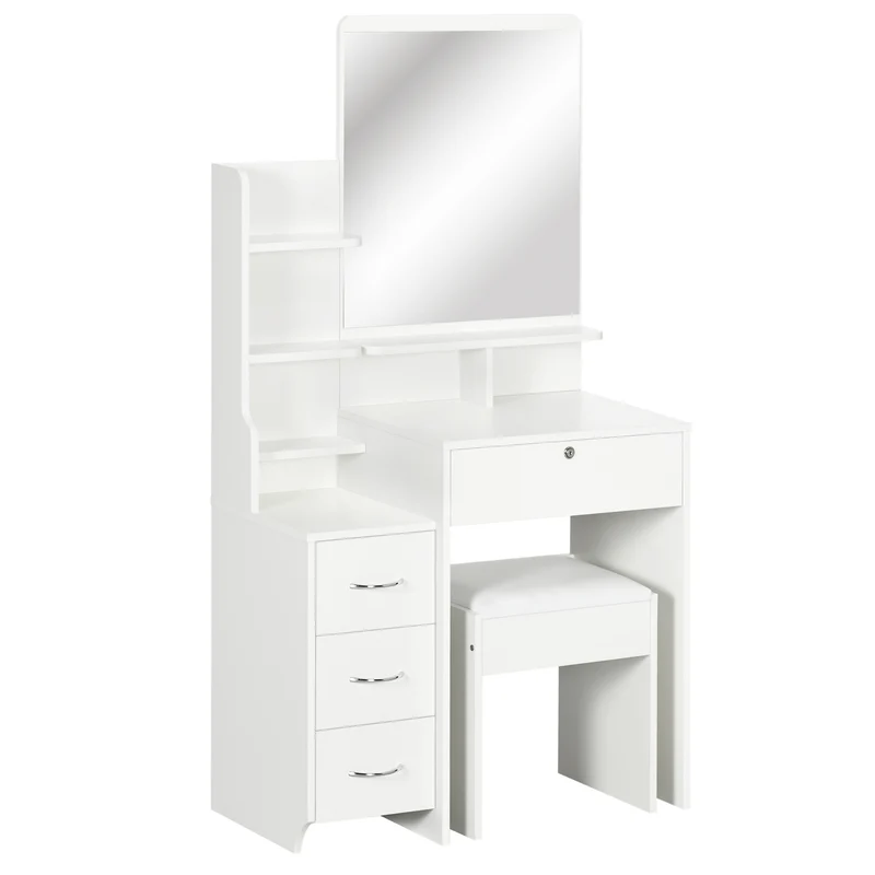 Coiffeuse miroir avec tabouret rembourré 80 x 38 x 143 cm 4 tiroirs antibasculement épuré en panneau de particules blanc 21_0001508