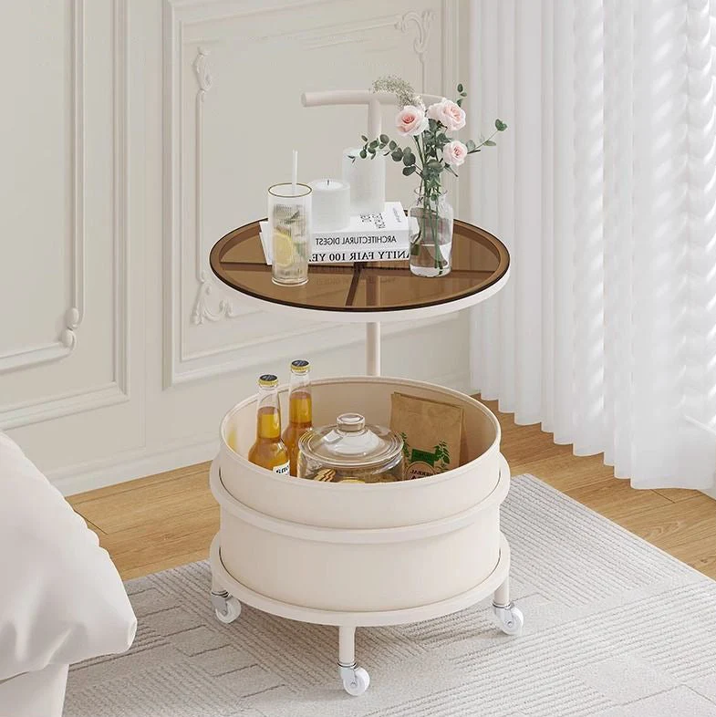 Modern Minimalist Cream Removable Round Glass Stainless Steel Iron End Table 2-Tier For Living Room
